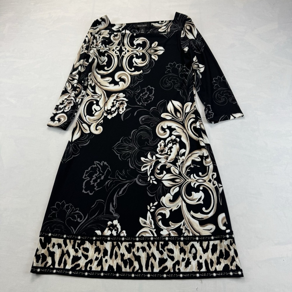 White House Black Market XS Black Floral Leopard Print Shift Dress